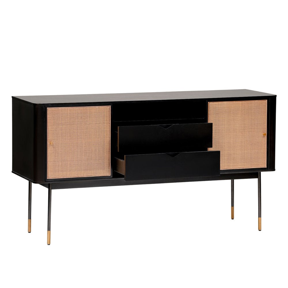 59" Black And Natural Wood Two Drawer Sideboard with Two Sliding Doors HomeRoots