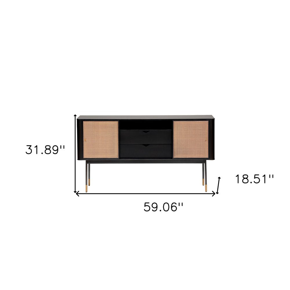 59" Black And Natural Wood Two Drawer Sideboard with Two Sliding Doors HomeRoots