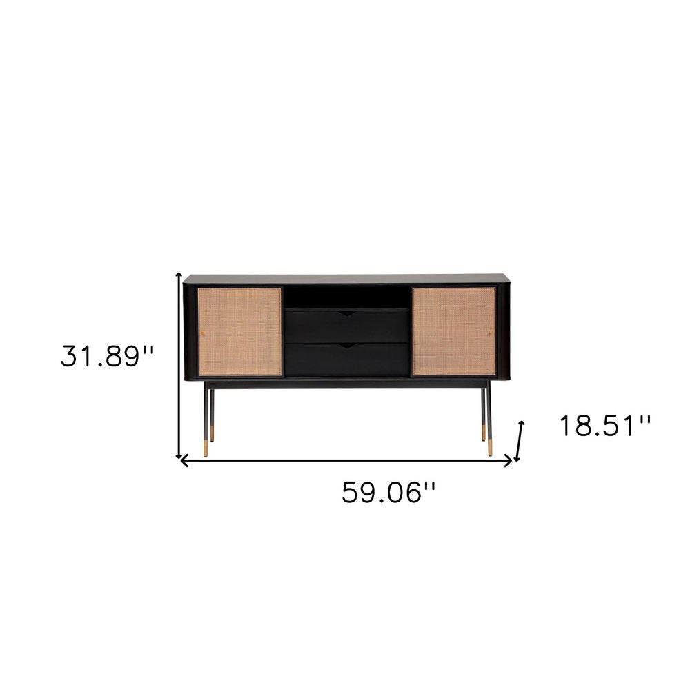 59" Black And Natural Wood Two Drawer Sideboard with Two Sliding Doors HomeRoots