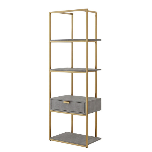 68" Gray Stainless Steel Four Tier Etagere Bookcase with a drawer - FurniFindUSA