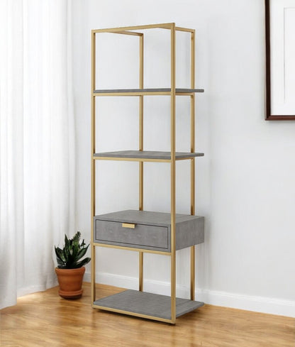 68" Gray Stainless Steel Four Tier Etagere Bookcase with a drawer HomeRoots