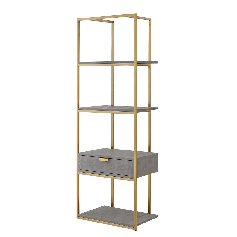 68" Gray Stainless Steel Four Tier Etagere Bookcase with a drawer HomeRoots