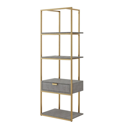 68" Gray Stainless Steel Four Tier Etagere Bookcase with a drawer HomeRoots