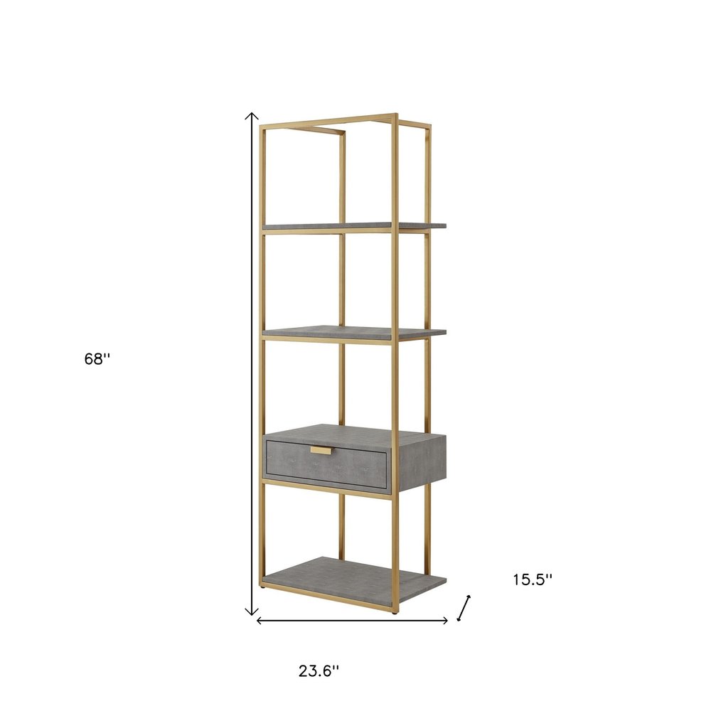 68" Gray Stainless Steel Four Tier Etagere Bookcase with a drawer HomeRoots