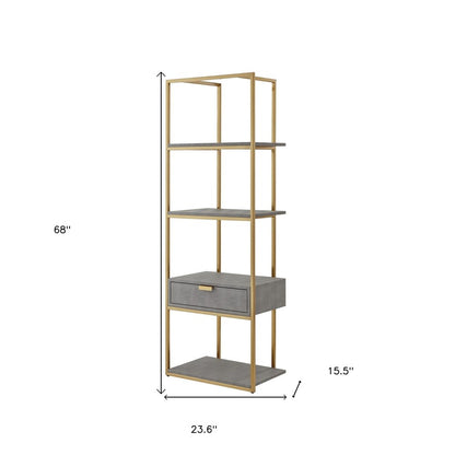 68" Gray Stainless Steel Four Tier Etagere Bookcase with a drawer HomeRoots