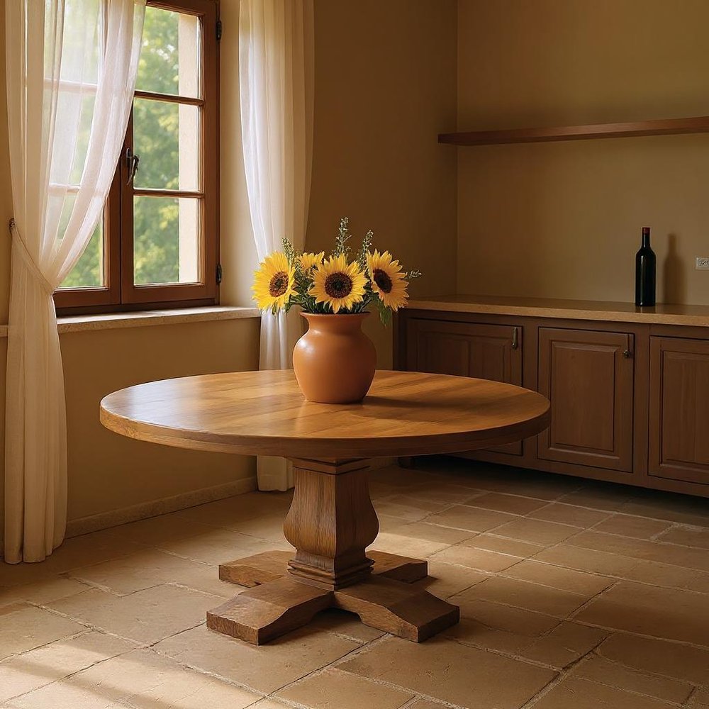58" Brown Solid Wood Pedestal Base Round Top Dining Table HomeRoots