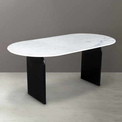 72" White and Black Marble And Solid Wood Sled Base Oval Dining Table HomeRoots