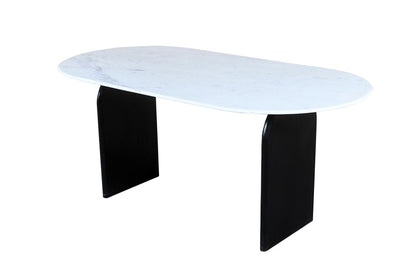 72" White and Black Marble And Solid Wood Sled Base Oval Dining Table HomeRoots