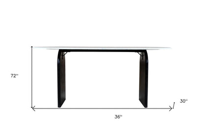 72" White and Black Marble And Solid Wood Sled Base Oval Dining Table HomeRoots