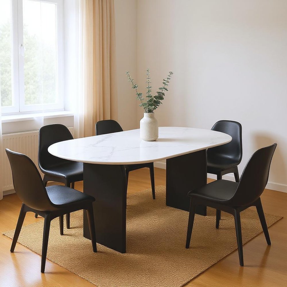 72" White and Black Marble And Solid Wood Sled Base Oval Dining Table HomeRoots
