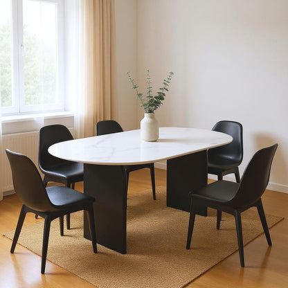 72" White and Black Marble And Solid Wood Sled Base Oval Dining Table HomeRoots