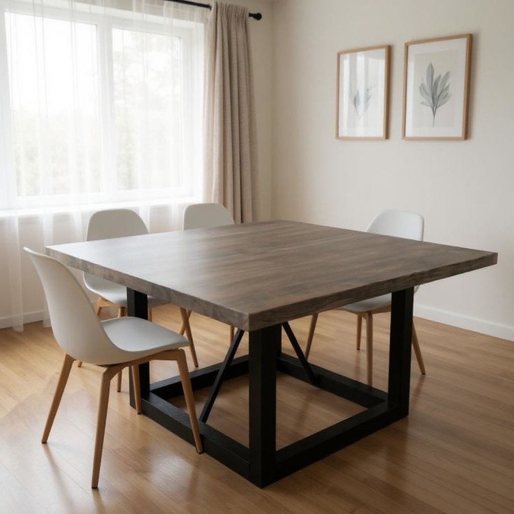 60" Dark Brown and Black Solid Wood and Iron Frame Base Square Dining Table HomeRoots