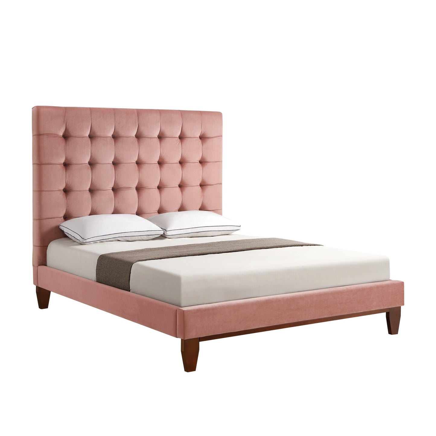 Beige Solid Wood King Tufted Upholstered Linen Bed