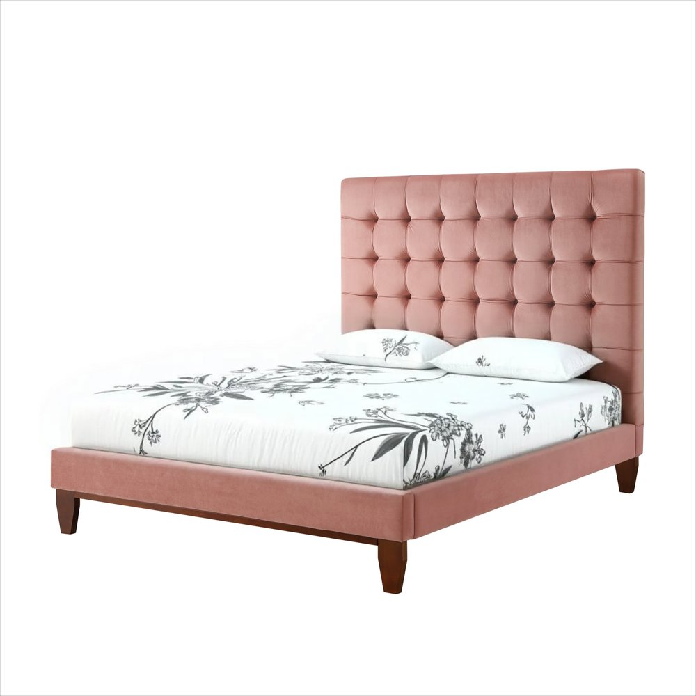 Blush Solid Wood Queen Tufted Upholstered Velvet Bed — view 4