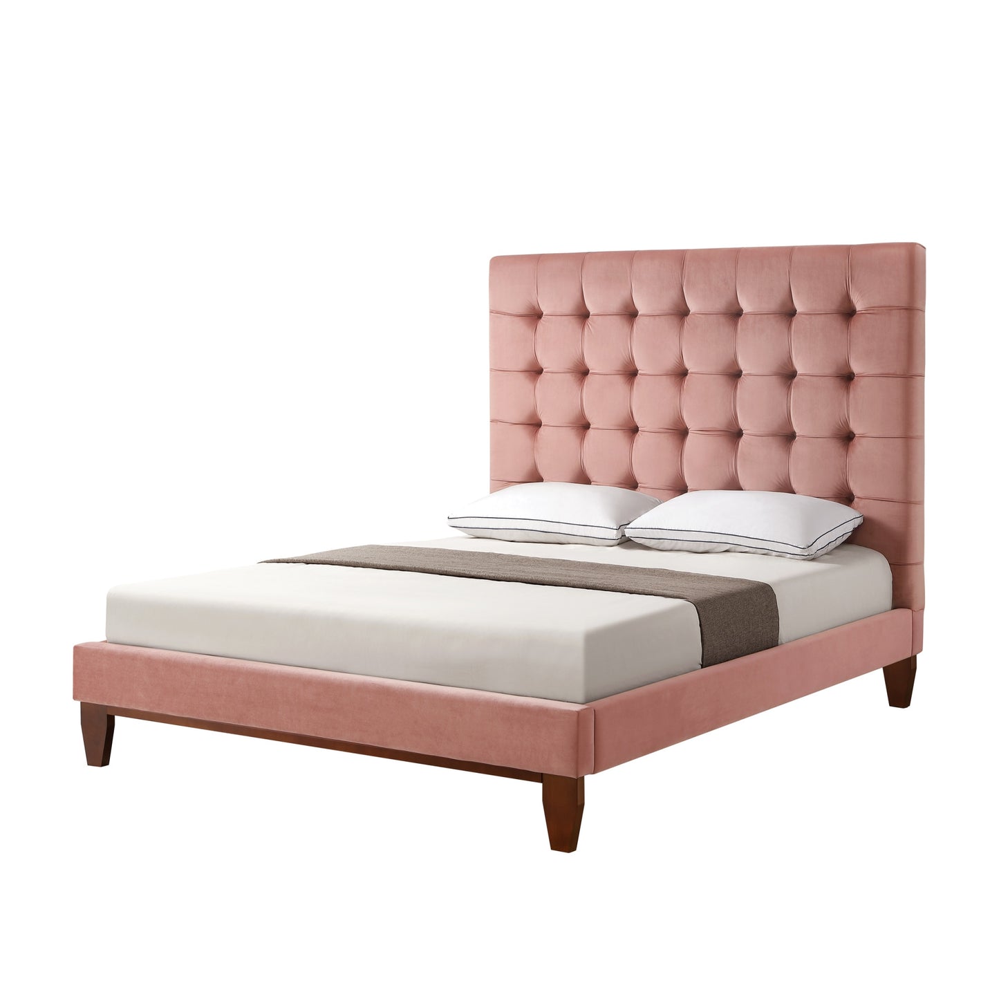 Beige Solid Wood King Tufted Upholstered Linen Bed