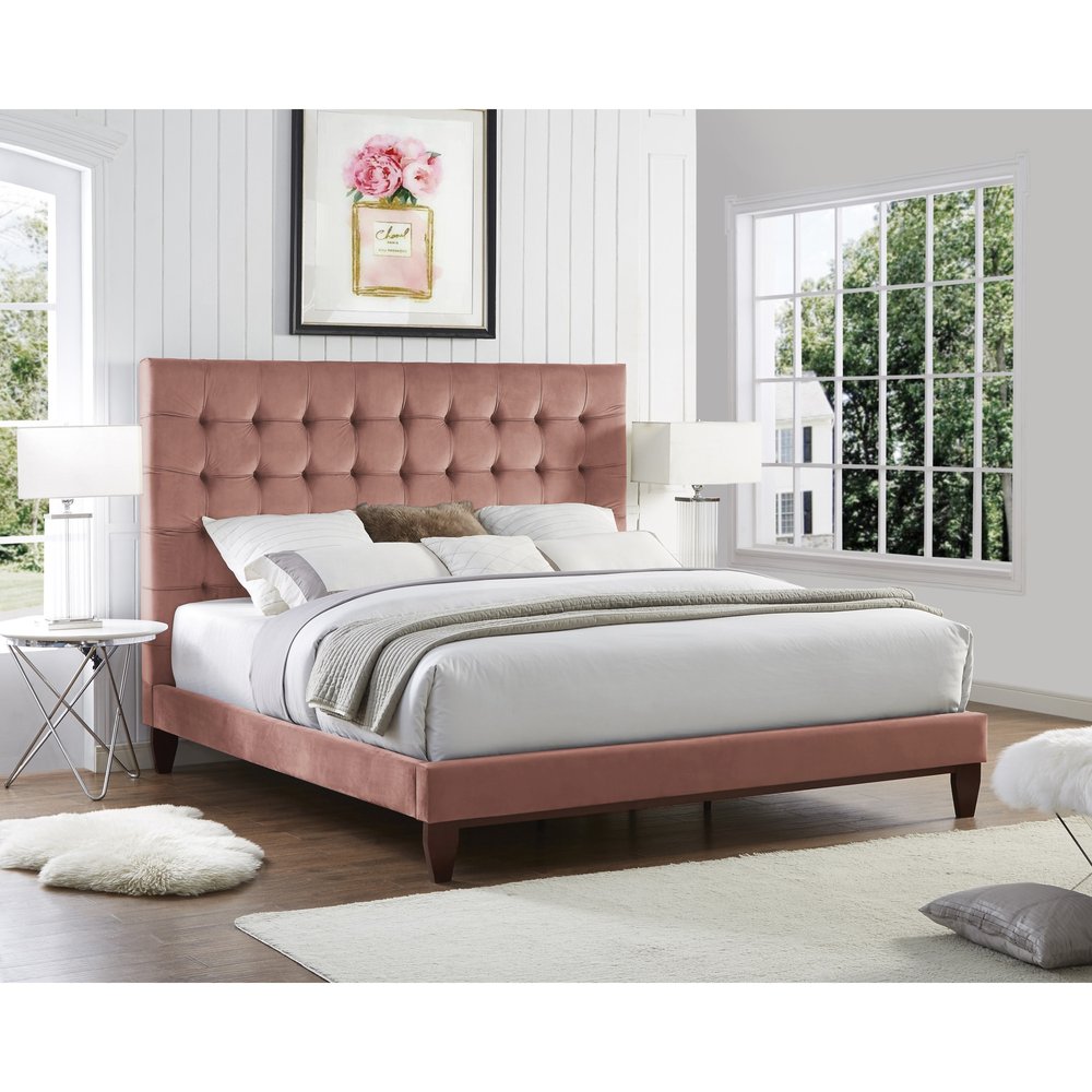 Blush Solid Wood Full Tufted Upholstered Velvet Bed HomeRoots