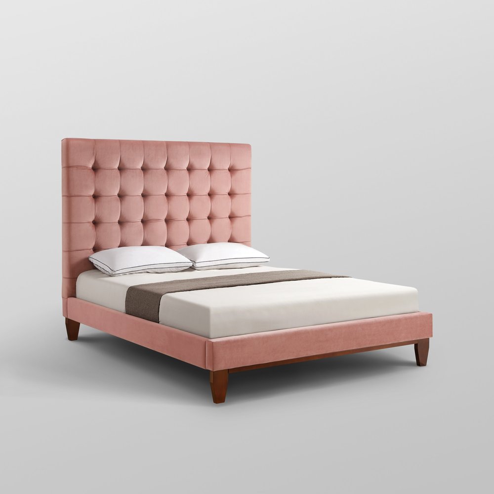 Blush Solid Wood Queen Tufted Upholstered Velvet Bed — view 2