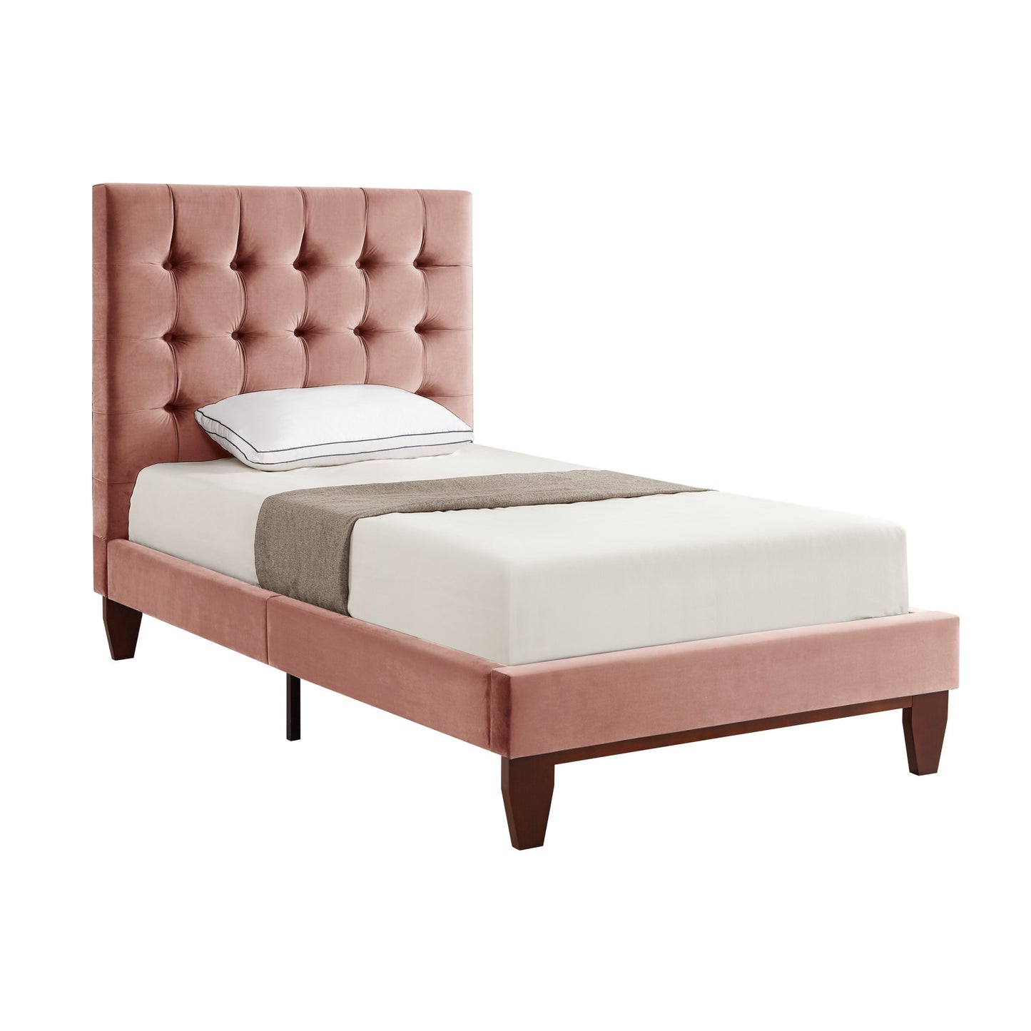 Beige Solid Wood King Tufted Upholstered Linen Bed