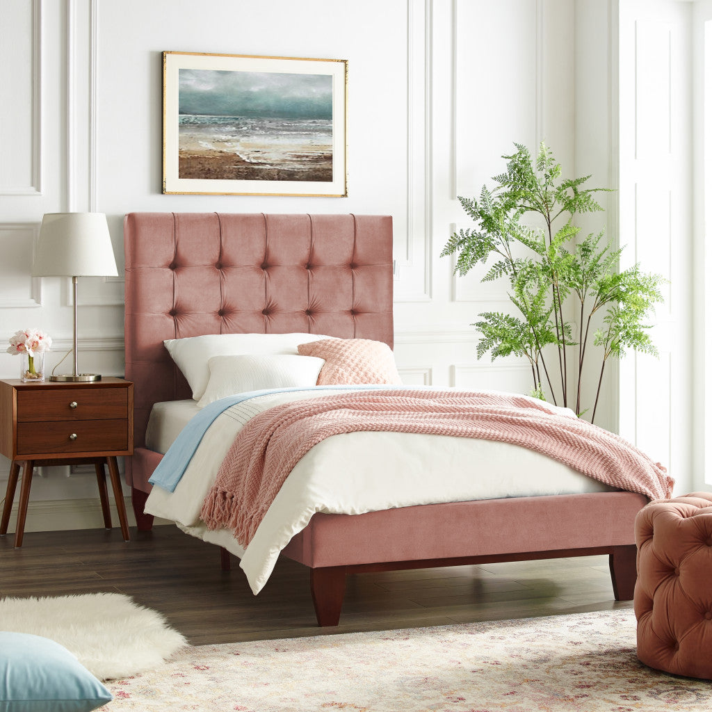 Blush Solid Wood Queen Tufted Upholstered Velvet Bed