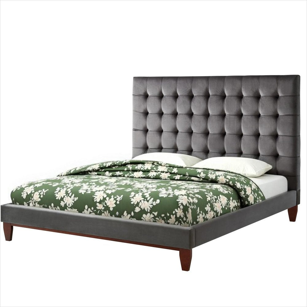Gray Solid Wood King Tufted Upholstered Velvet Bed HomeRoots