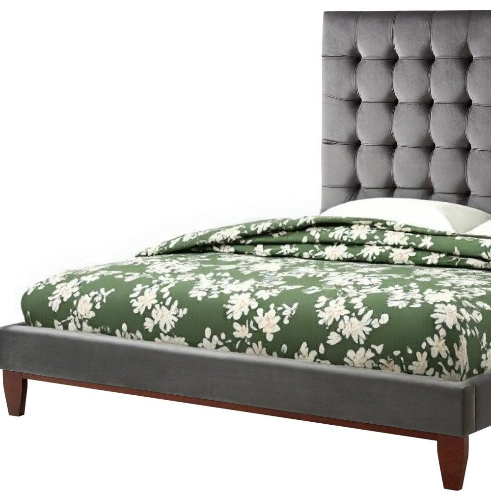 Gray Solid Wood King Tufted Upholstered Velvet Bed HomeRoots