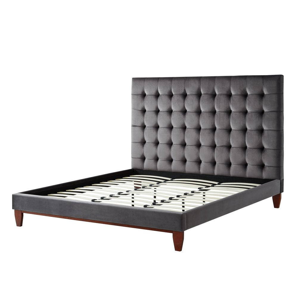 Gray Solid Wood King Tufted Upholstered Velvet Bed HomeRoots