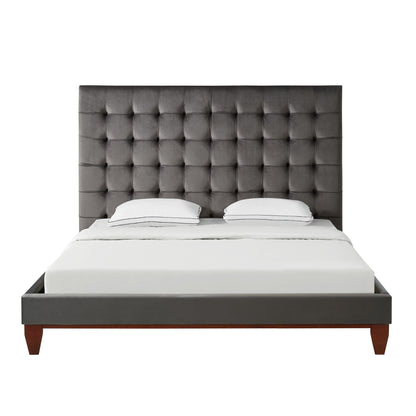 Gray Solid Wood Queen Tufted Upholstered Velvet Bed