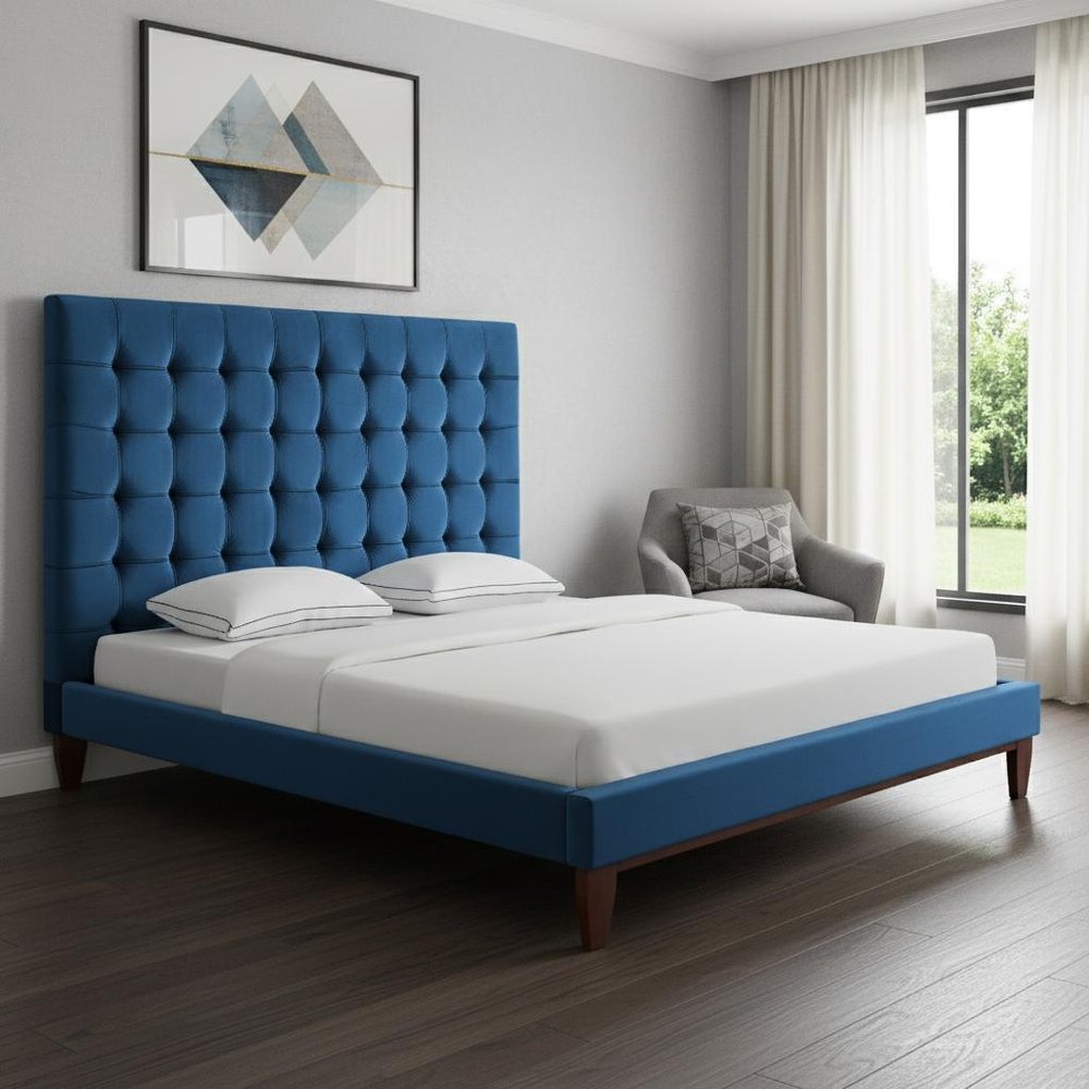Navy Blue Solid Wood King Tufted Upholstered Velvet Bed — view 11