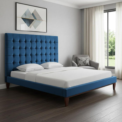 Navy Blue Solid Wood King Tufted Upholstered Velvet Bed HomeRoots