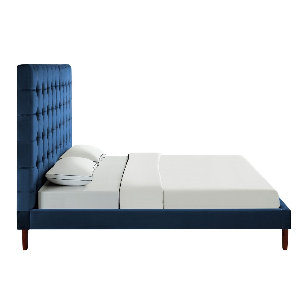 Navy Blue Solid Wood King Tufted Upholstered Velvet Bed — view 9