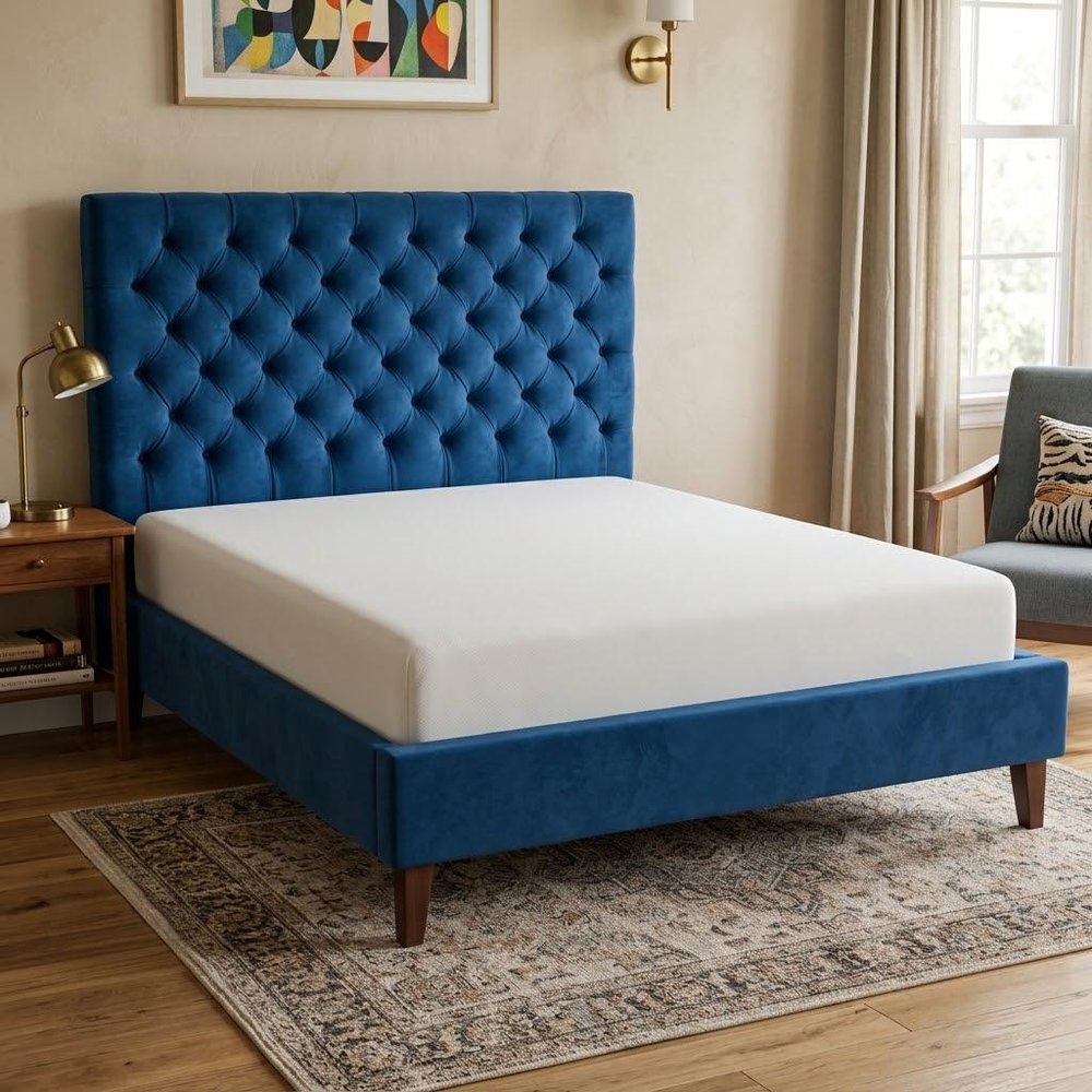 Navy Blue Solid Wood King Tufted Upholstered Velvet Bed — view 12