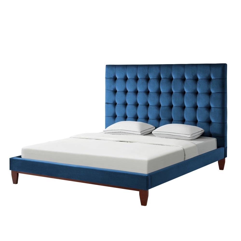 Navy Blue Solid Wood King Tufted Upholstered Velvet Bed HomeRoots