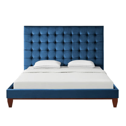 Navy Blue Solid Wood King Tufted Upholstered Velvet Bed HomeRoots