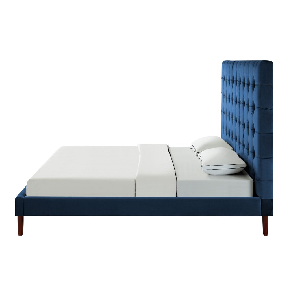 Navy Blue Solid Wood King Tufted Upholstered Velvet Bed HomeRoots