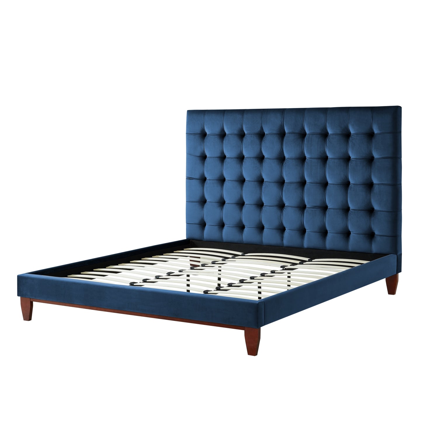 Navy Blue Solid Wood King Tufted Upholstered Velvet Bed