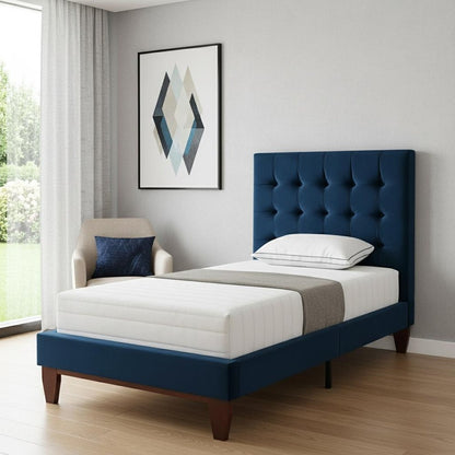 Navy Blue Solid Wood King Tufted Upholstered Velvet Bed HomeRoots