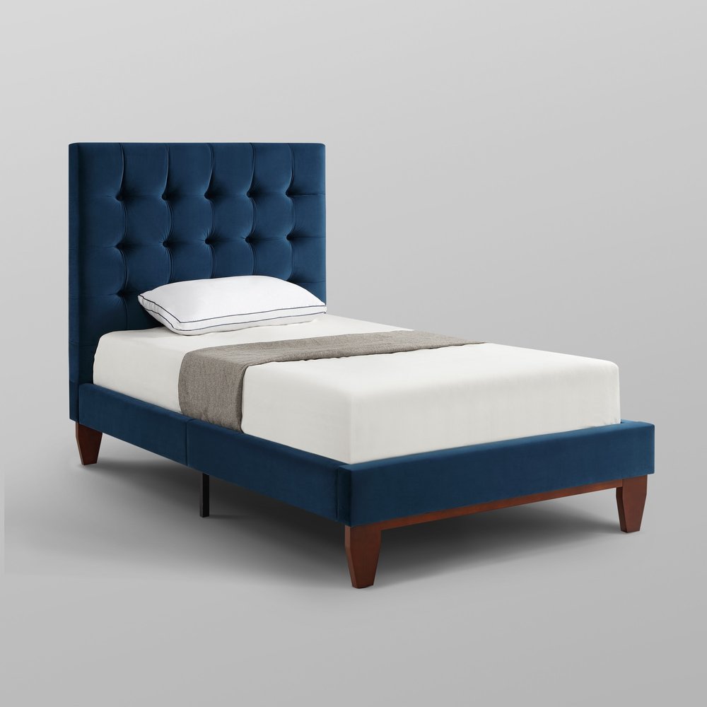 Navy Blue Solid Wood King Tufted Upholstered Velvet Bed — view 20