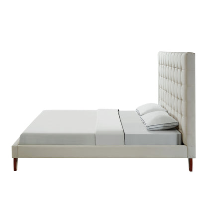 Beige Solid Wood King Tufted Upholstered Linen Bed