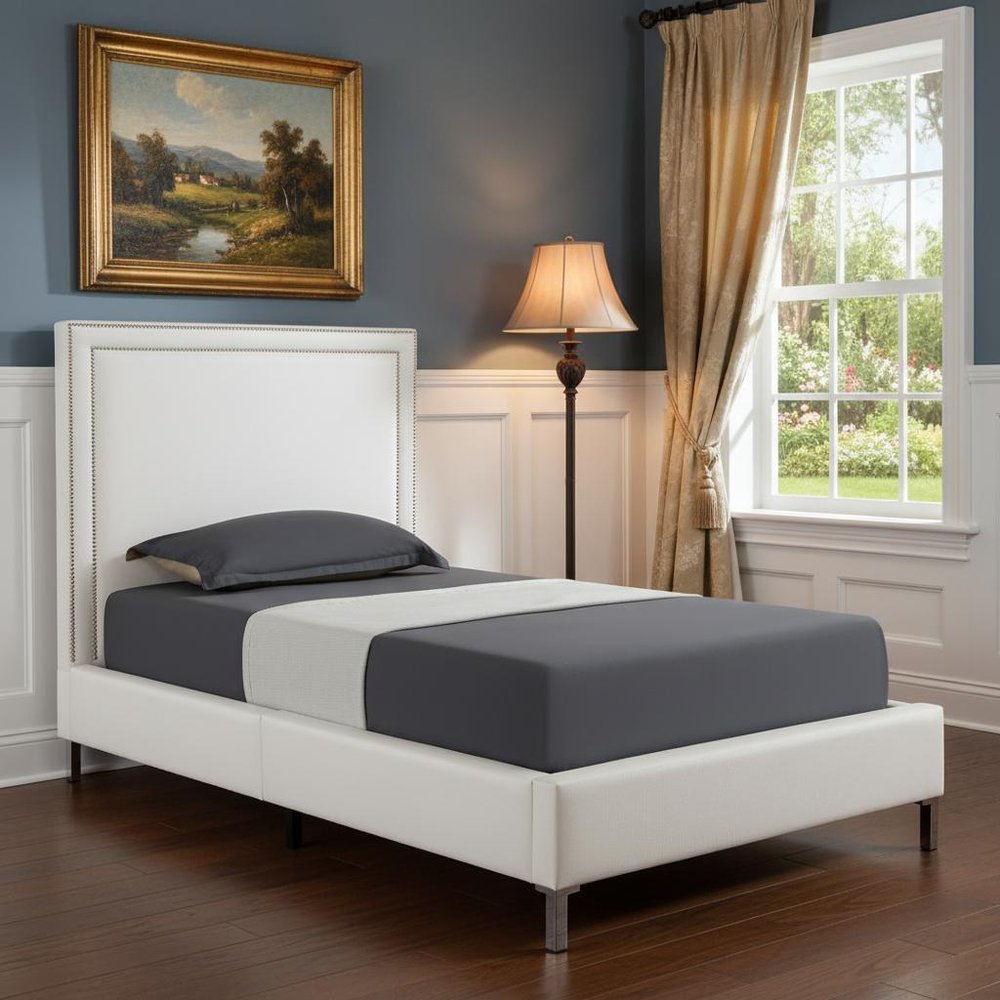 White Solid Wood Twin Upholstered Faux Leather Bed Frame with Nailhead Trim — view 1