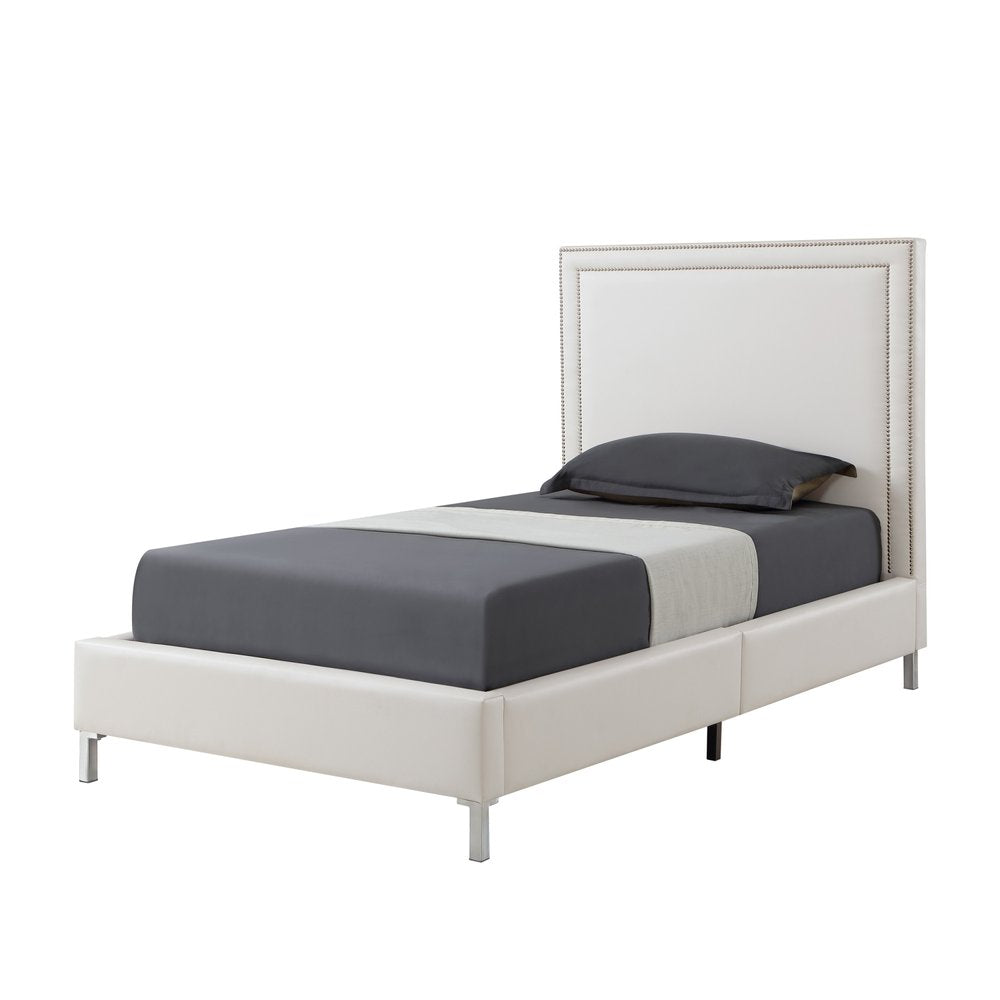 White Solid Wood Twin Upholstered Faux Leather Bed Frame with Nailhead Trim — view 4