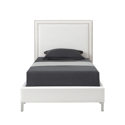 White Solid Wood Twin Upholstered Faux Leather Bed Frame with Nailhead Trim HomeRoots