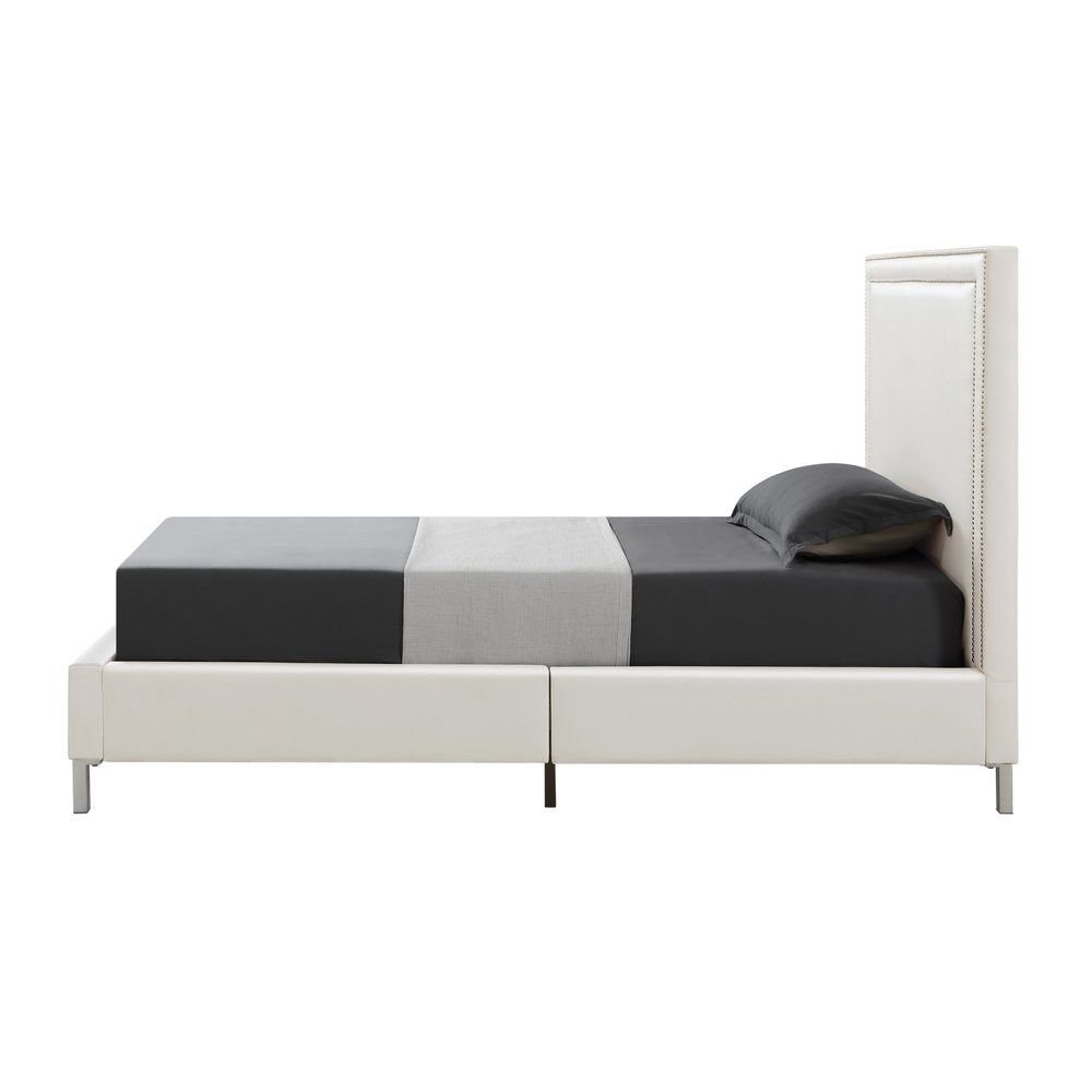 White Solid Wood Twin Upholstered Faux Leather Bed Frame with Nailhead Trim HomeRoots