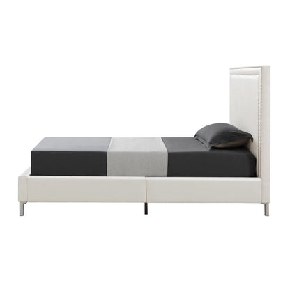 White Solid Wood Twin Upholstered Faux Leather Bed Frame with Nailhead Trim HomeRoots