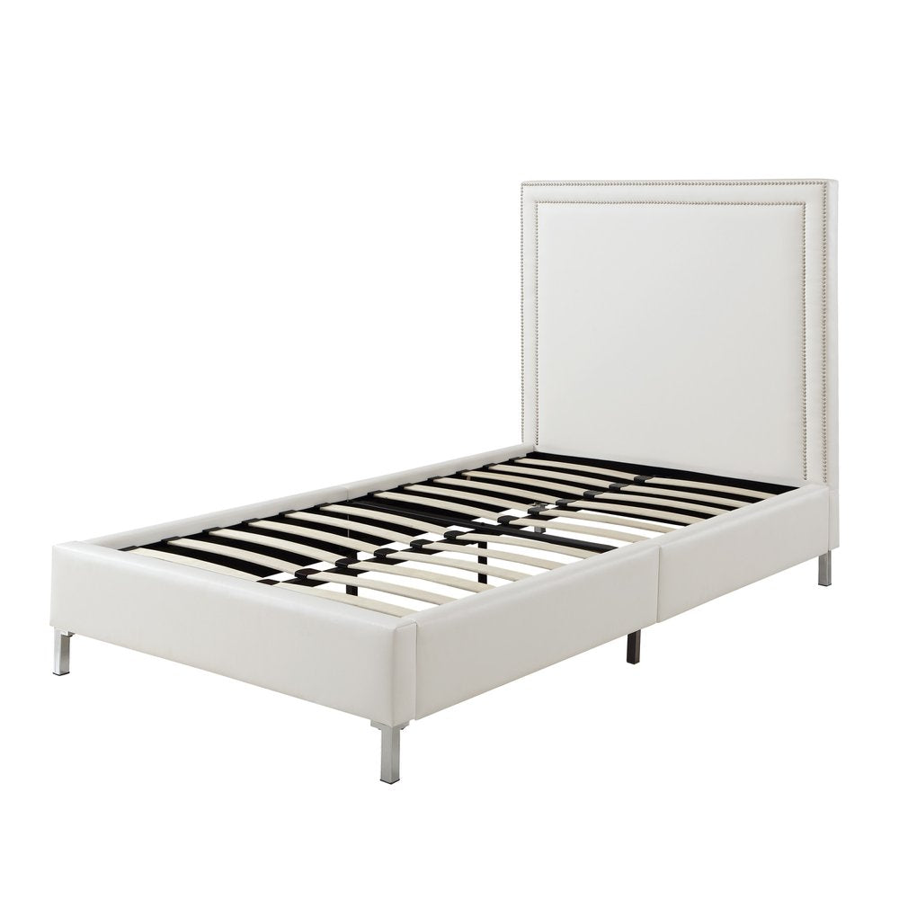 White Solid Wood Twin Upholstered Faux Leather Bed Frame with Nailhead Trim — view 5