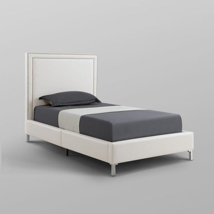 White Solid Wood Twin Upholstered Faux Leather Bed Frame with Nailhead Trim HomeRoots