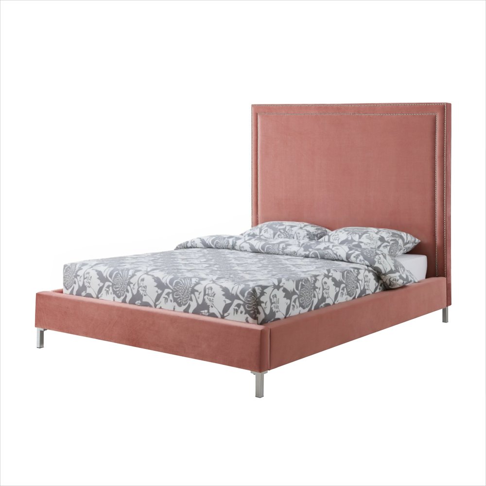 Blush Velvet Upholstered Queen Bed Frame With Nailhead Trim