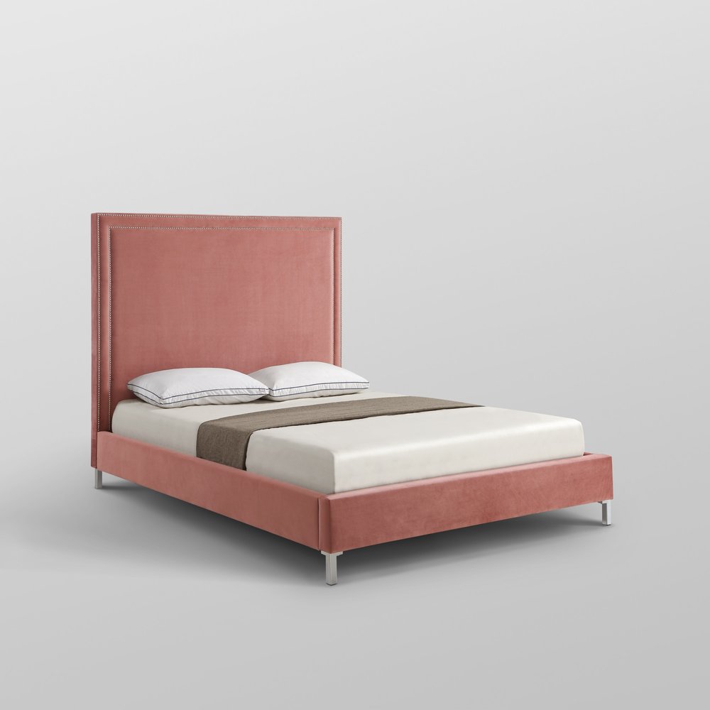 Blush Velvet Upholstered Queen Bed Frame With Nailhead Trim — view 10