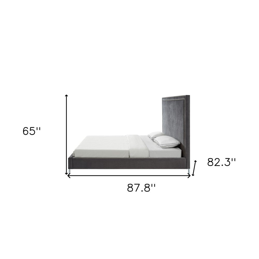 Gray Solid Wood King Upholstered Velvet Bed with Nailhead Trim — view 11