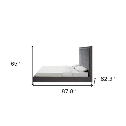 Gray Solid Wood King Upholstered Velvet Bed with Nailhead Trim HomeRoots
