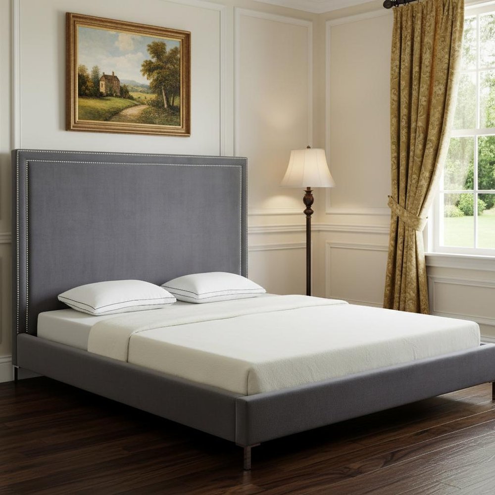Gray Solid Wood King Upholstered Velvet Bed with Nailhead Trim HomeRoots